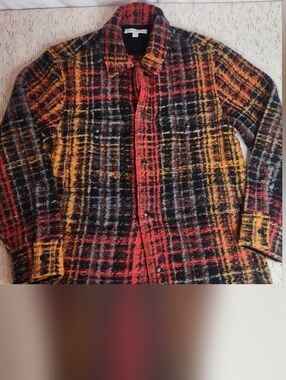 Banana Republic Bouclé Plaid Shacket XS Red Black Shirt Jacket